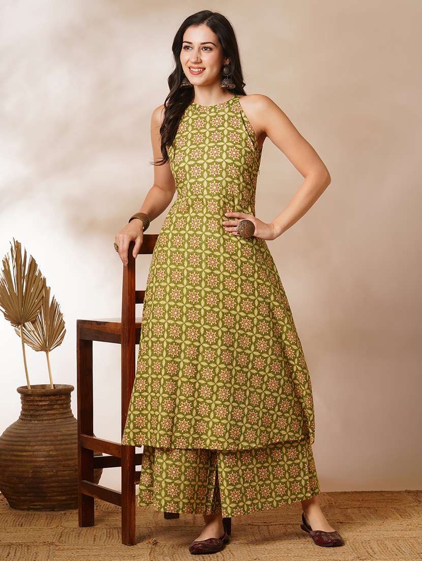 globus women green halter neck allover geometric printed workwear a-line kurta with elasticated pants 
