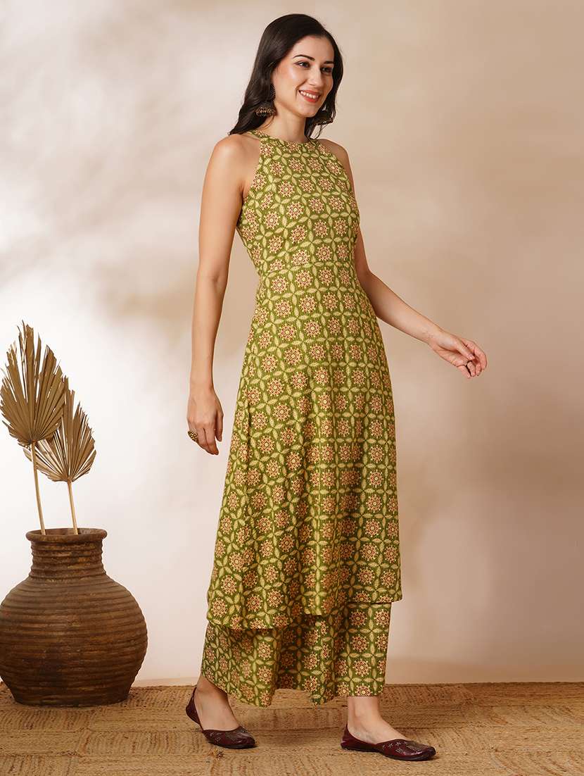 globus women green halter neck allover geometric printed workwear a-line kurta with elasticated pants - 21554292 - Standard Image - 1