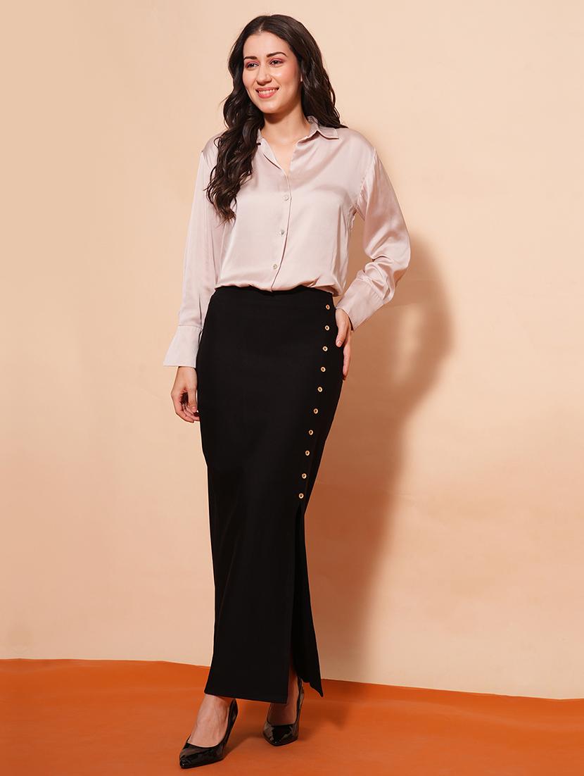 globus women black mid-rise side slit button detailing maxi pencil skirt - 21554316 - Standard Image - 4