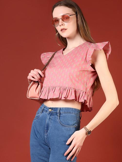 women printed flute sleeve crop top - 21554814 - Standard Image - 0