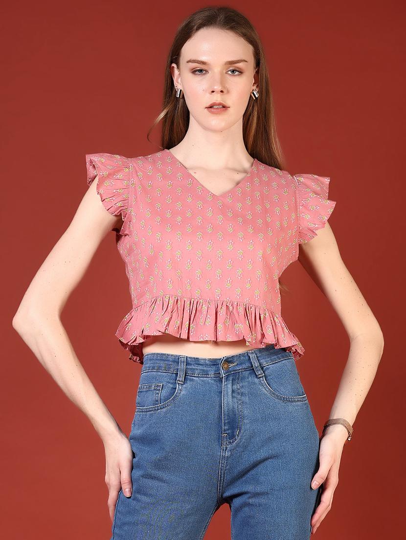 women printed flute sleeve crop top - 21554814 - Standard Image - 1