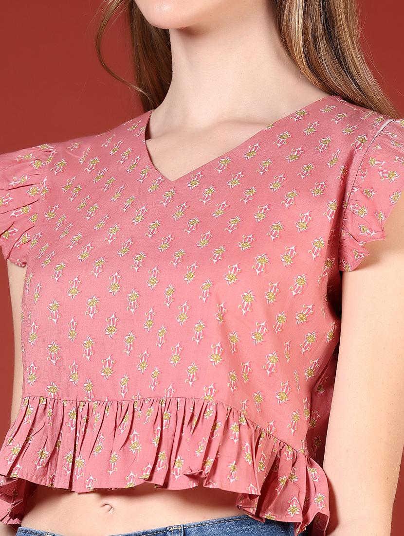 women printed flute sleeve crop top - 21554814 - Standard Image - 4