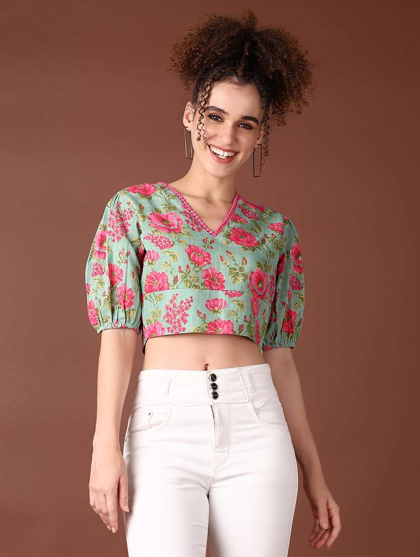 women floral printed v neck crop top