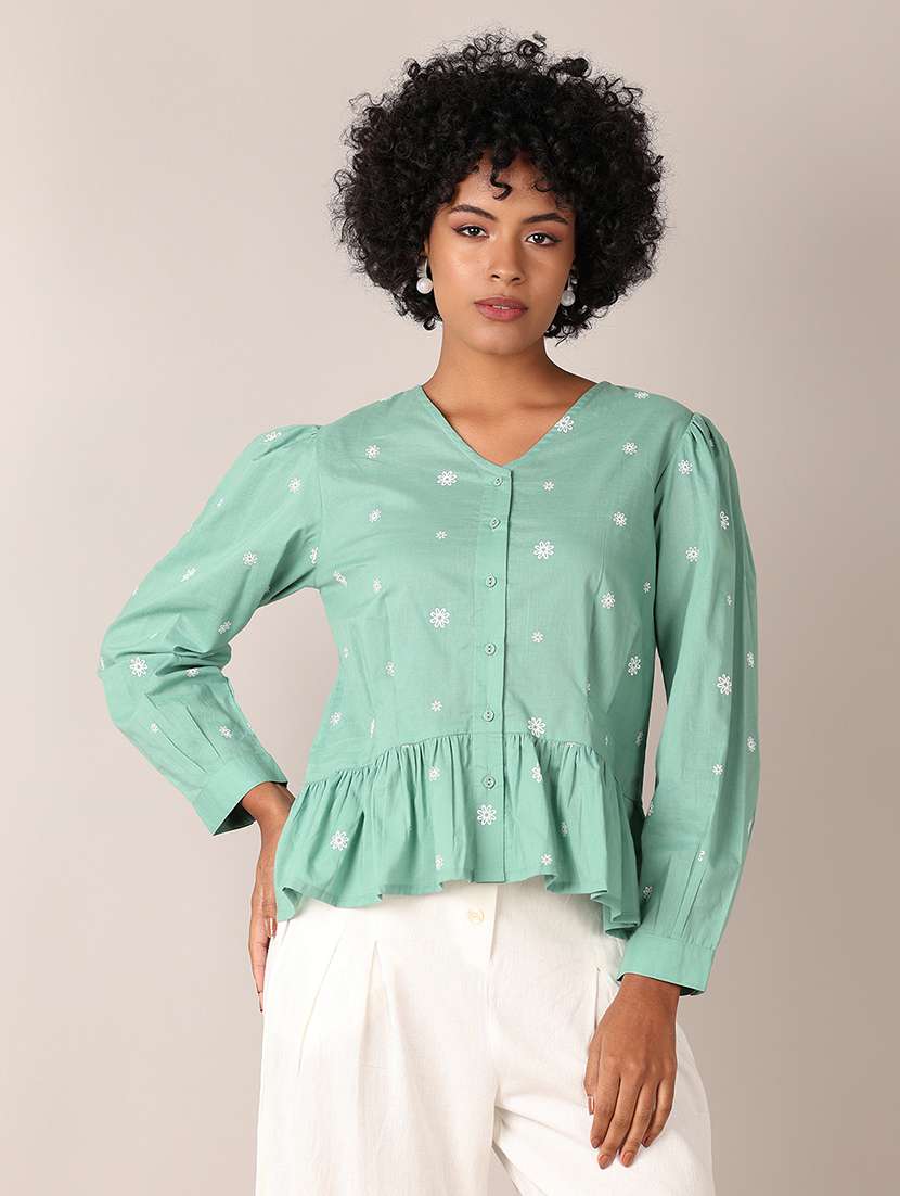 women primted puff sleeves tiered top - 21554816 -  Standard Image - 1