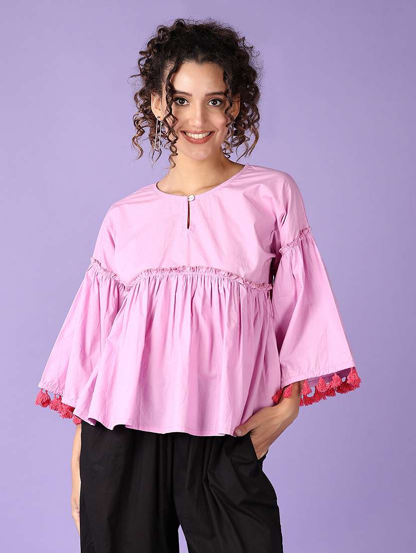 women solid key hole neck peplum top