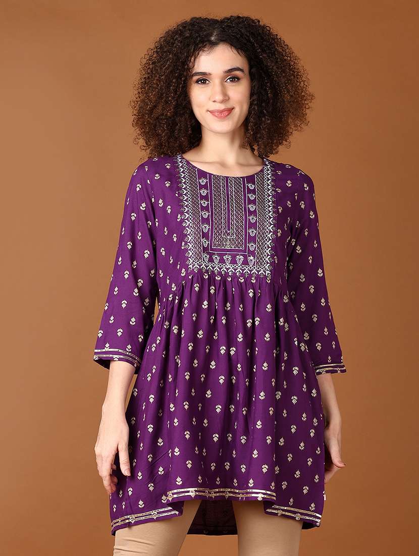 women purple printed round neck flared kurti