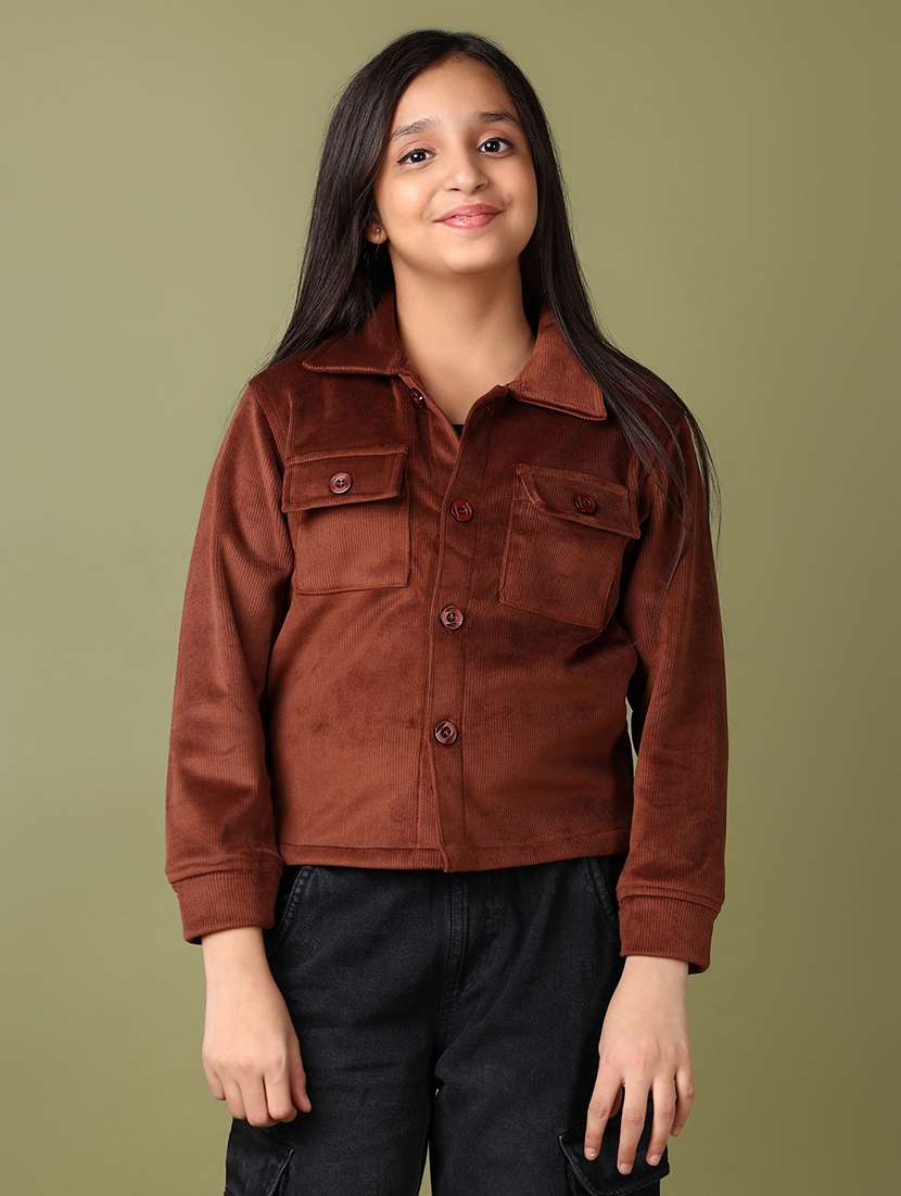 girls brown solid long sleeve jacket