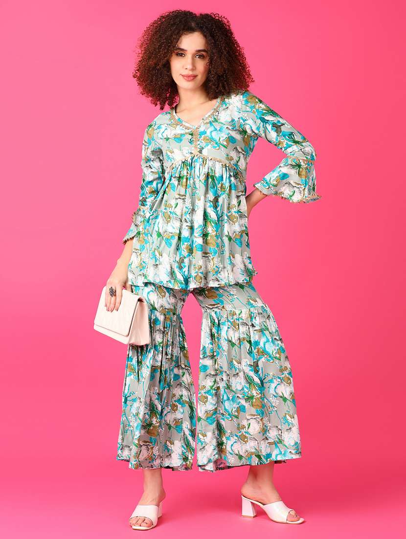 women grey printed kurta sharara set