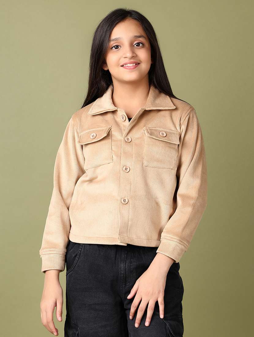 girls beige solid long sleeve jacket