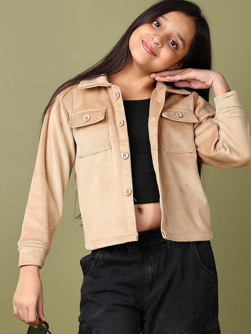girls beige solid long sleeve jacket - 21554925 - Standard Image - 1