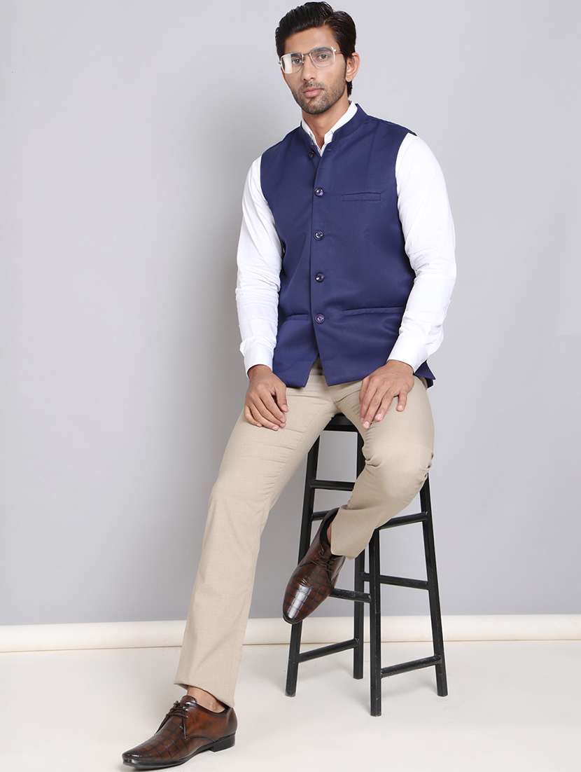 navy blue cotton blend nehru jacket - 21555192 -  Standard Image - 4