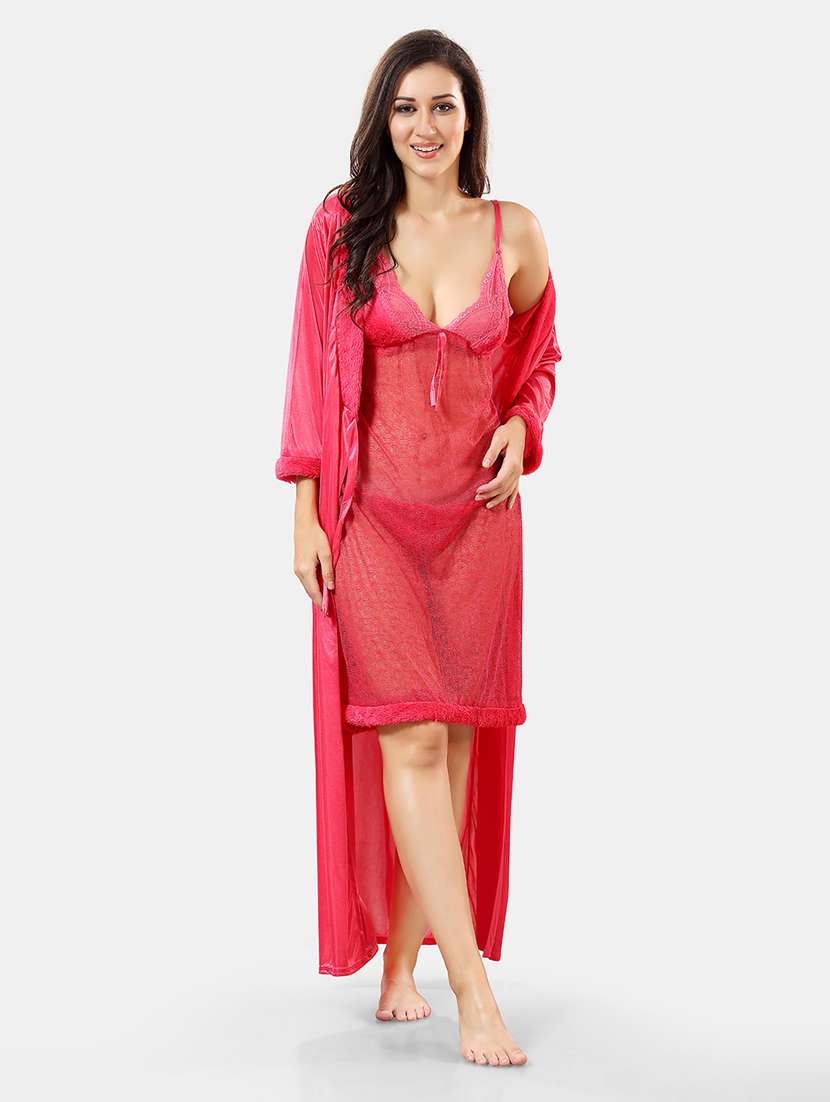 women lace detailed nighty with robe - 21555203 -  Standard Image - 1