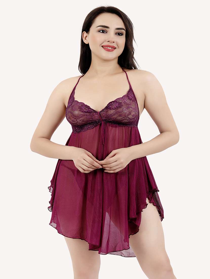 women solid lace deatiled babydoll 