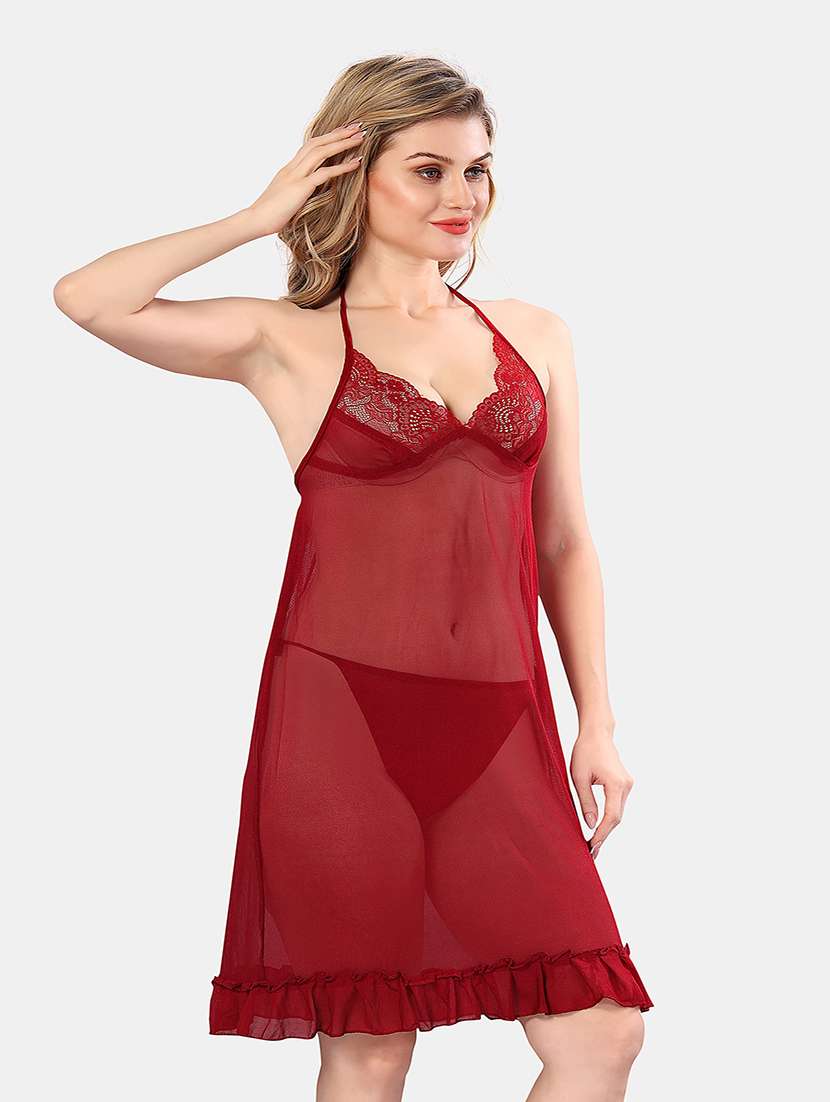women solid lace deatiled babydoll  - 21555400 -  Standard Image - 1
