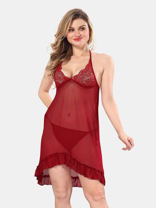 women solid lace detailed babydoll - 21555406 -  Standard Image - 0
