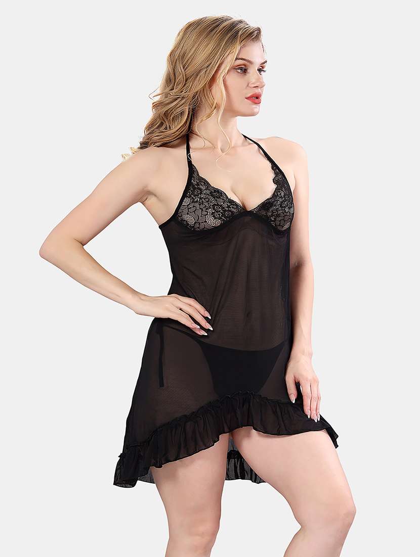 women solid lace detailed babydoll - 21555409 -  Standard Image - 1