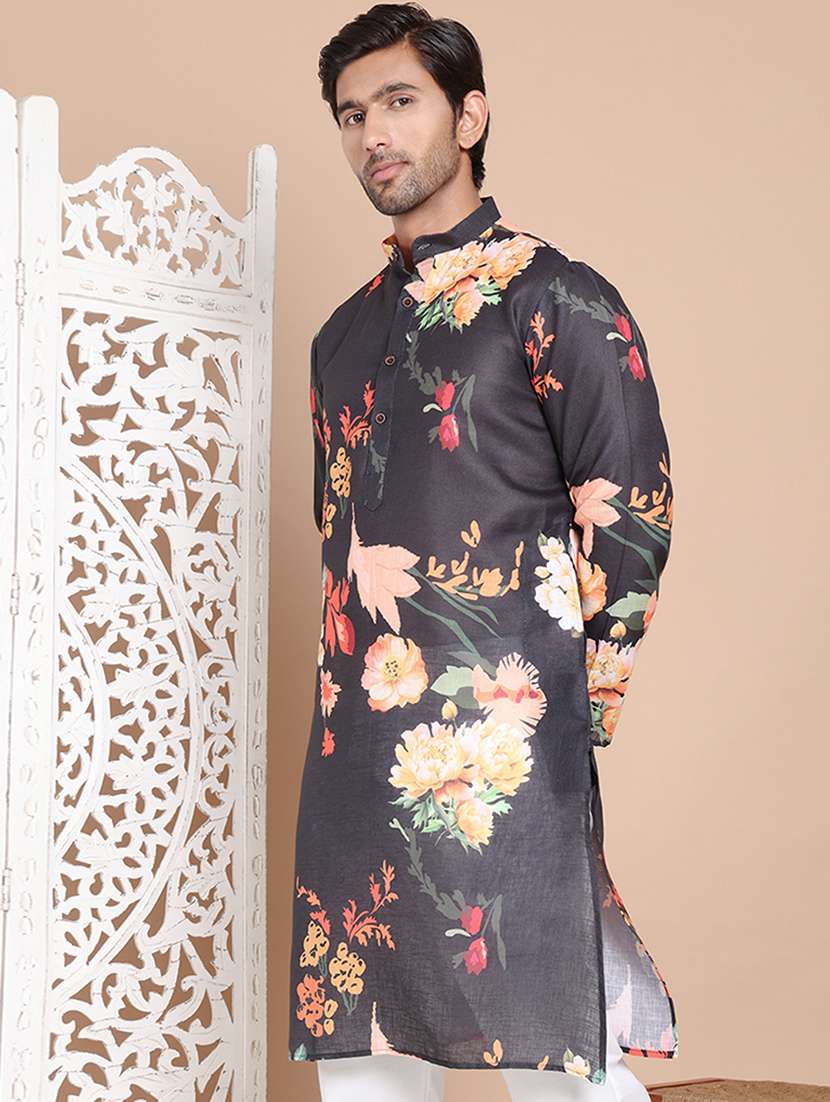 men mandarin neck floral printed long kurta - 21555439 -  Standard Image - 1