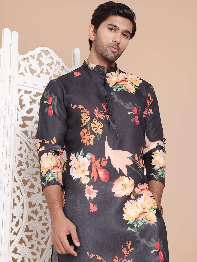 men mandarin neck floral printed long kurta - 21555439 -  Standard Image - 4
