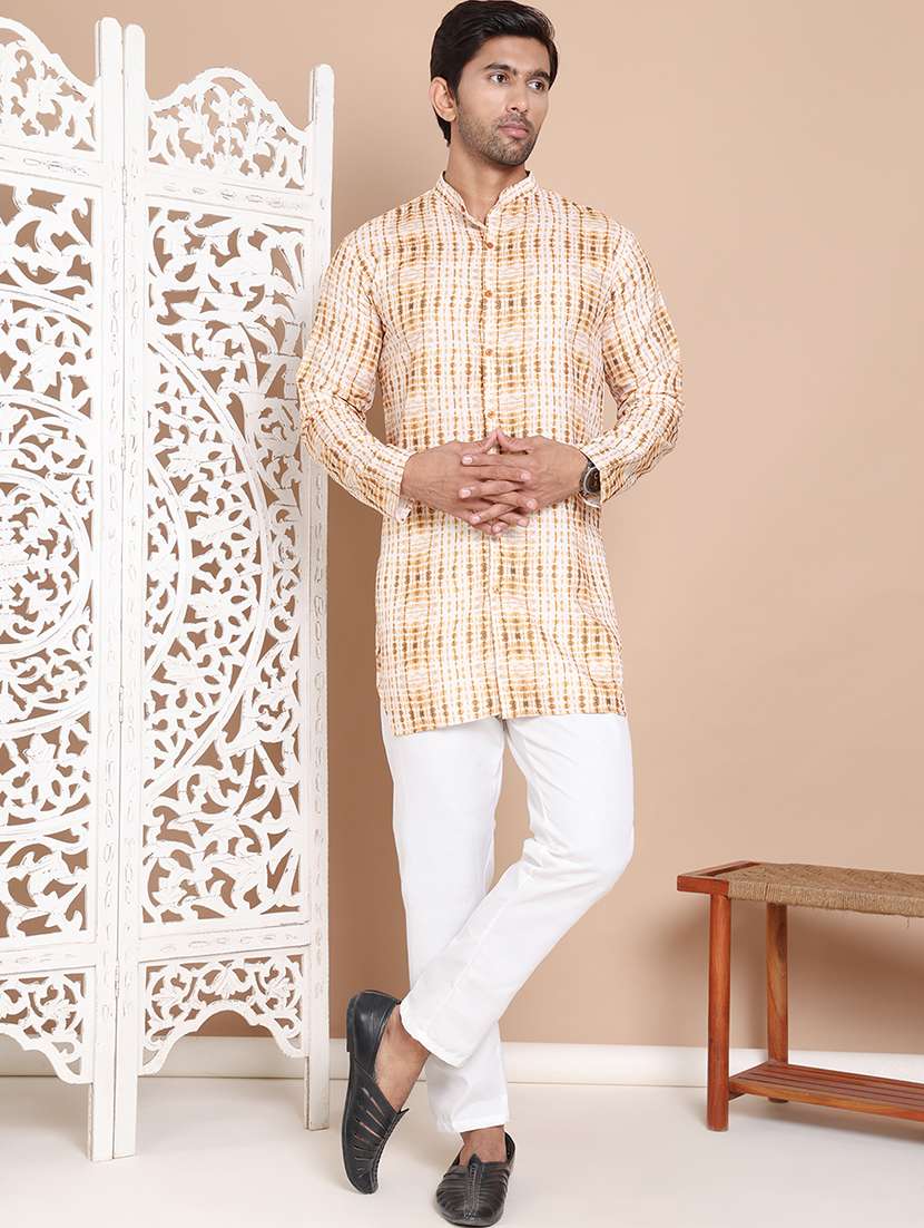 men printed mandarin neck long kurta