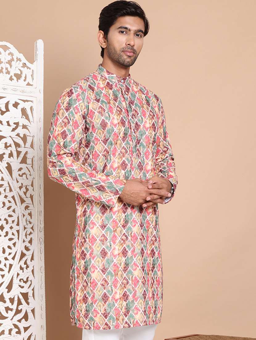 men mandarin neck embroidered long kurta