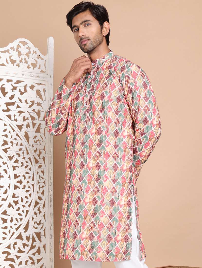 men mandarin neck embroidered long kurta - 21555451 - Standard Image - 1