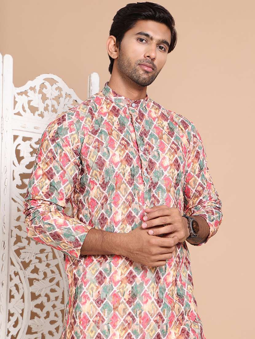 men mandarin neck embroidered long kurta - 21555451 - Standard Image - 4