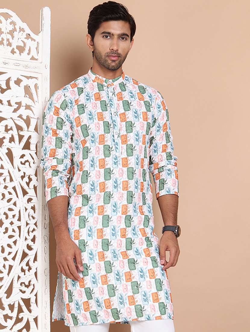 men mandarin neck printed long kurta