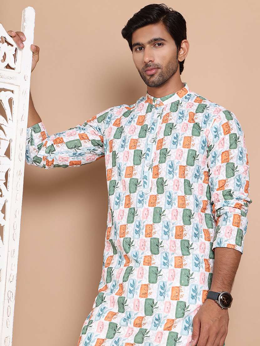 men mandarin neck printed long kurta - 21555452 - Standard Image - 4