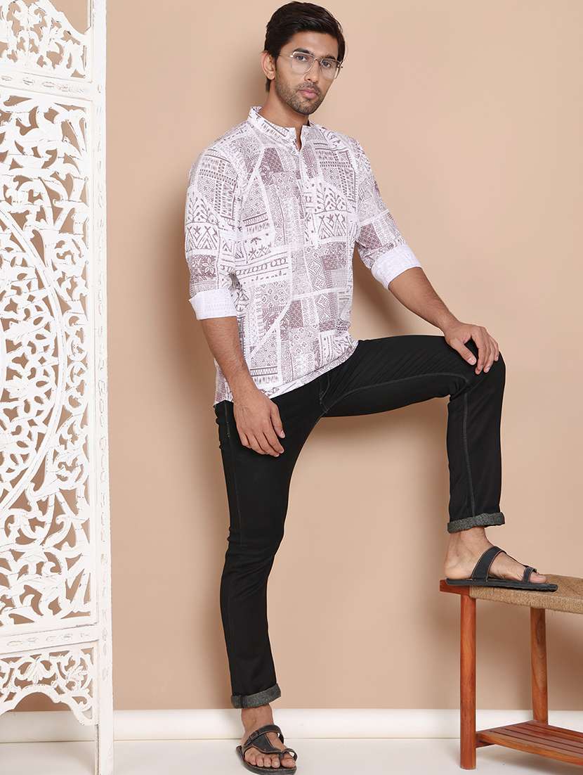 men mandarin neck printed short kurta - 21555461 - Standard Image - 4