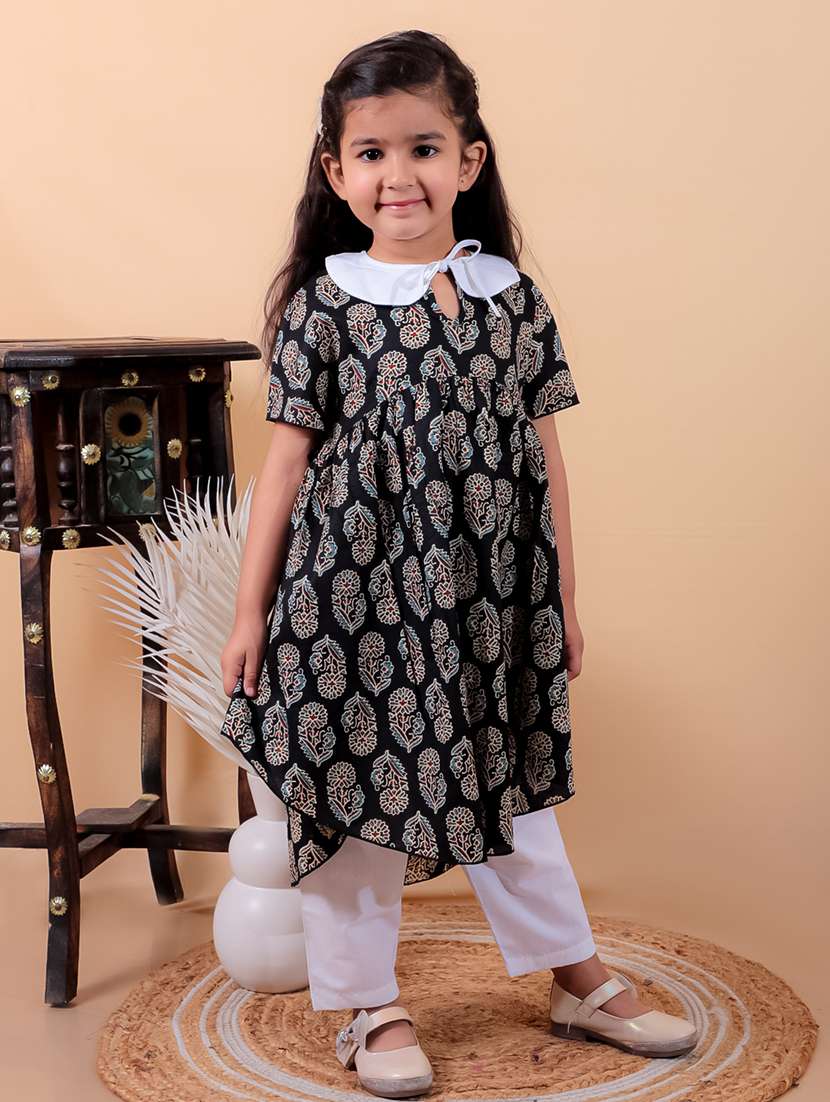girls printed short sleeves kurta pant set