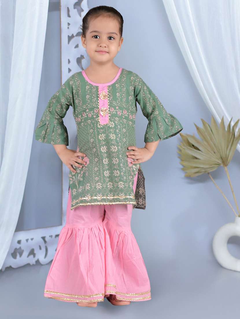girls printed bell sleeves kurta sharara set