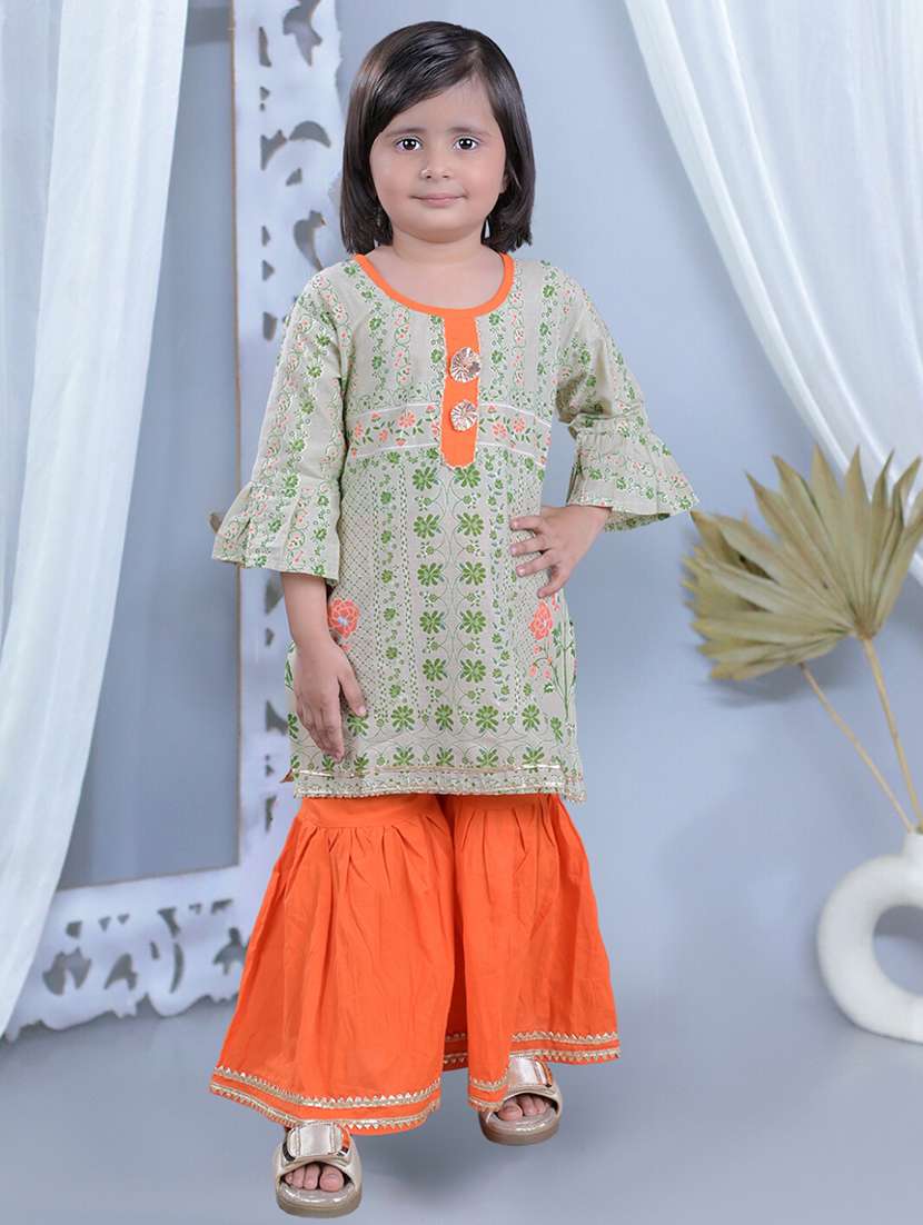 girls printed bell sleeves kurta sharara set