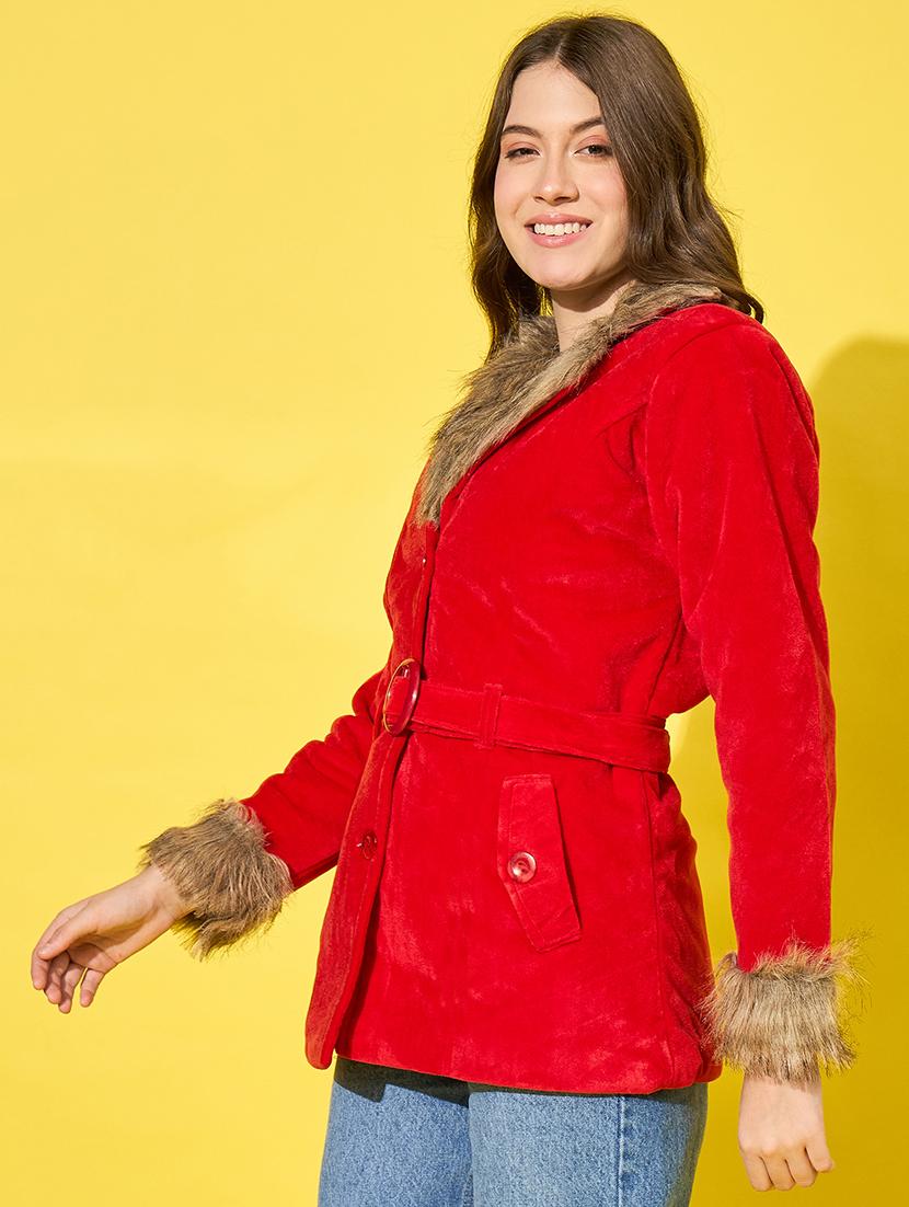 women solid long sleeves fur jacket - 21555872 - Standard Image - 1