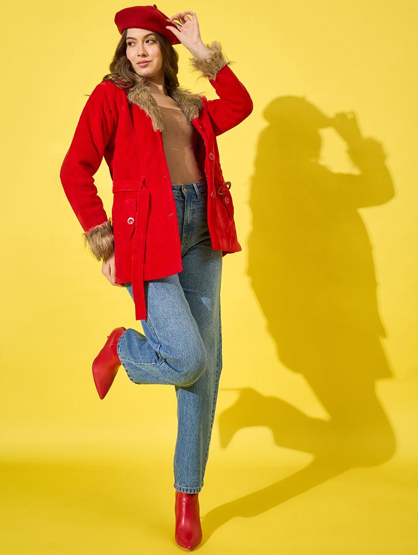 women solid long sleeves fur jacket - 21555872 - Standard Image - 4