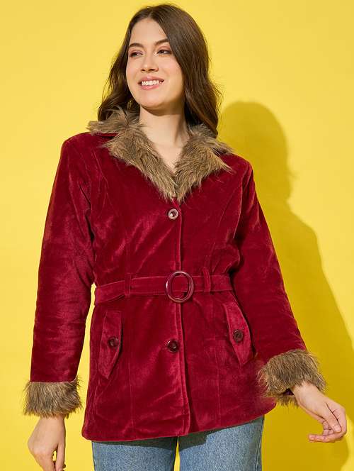 women solid long sleeves fur jacket - 21555873 -  Standard Image - 0