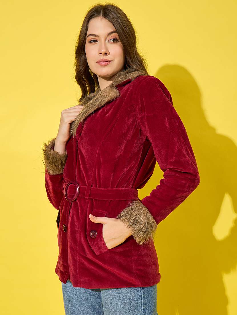 women solid long sleeves fur jacket - 21555873 -  Standard Image - 1