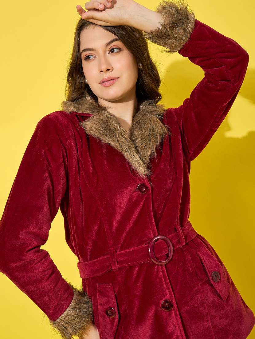 women solid long sleeves fur jacket - 21555873 - Standard Image - 4
