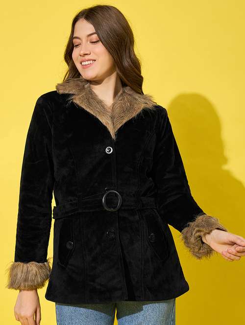 women solid long sleeves fur jacket - 21555874 - Standard Image - 0