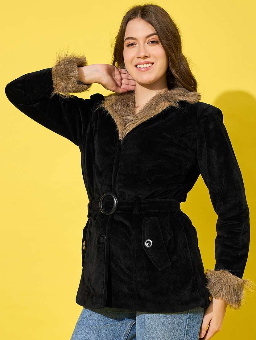 women solid long sleeves fur jacket - 21555874 - Standard Image - 1