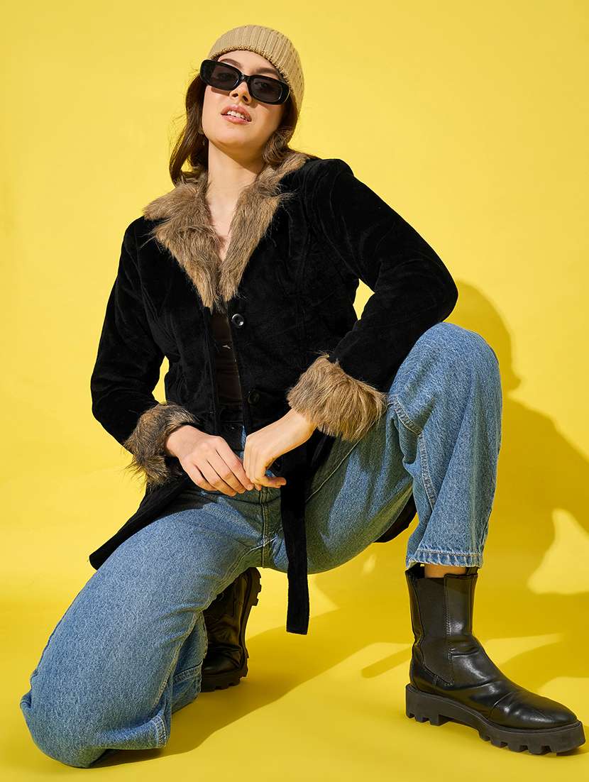 women solid long sleeves fur jacket - 21555874 - Standard Image - 4