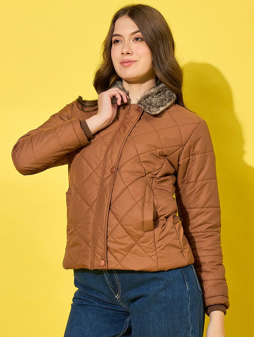 women solid long sleeves quilted jacket - 21555877 - Standard Image - 1