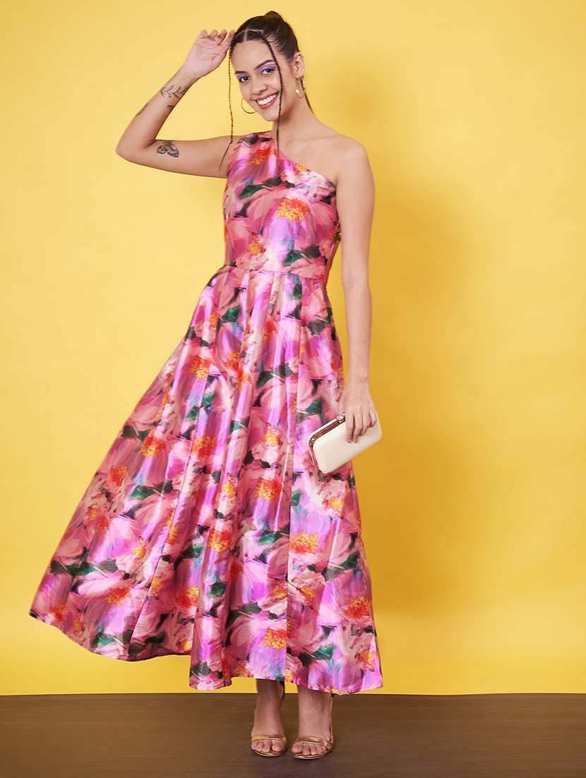 women floral printed single shoulder fit & flare dress - 21555921 - Standard Image - 1
