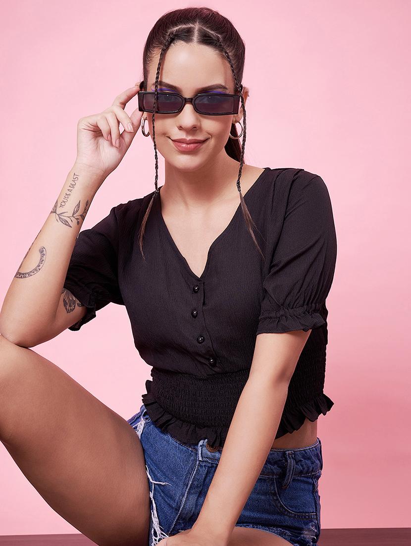 women solid v neck crop top - 21555926 -  Standard Image - 1