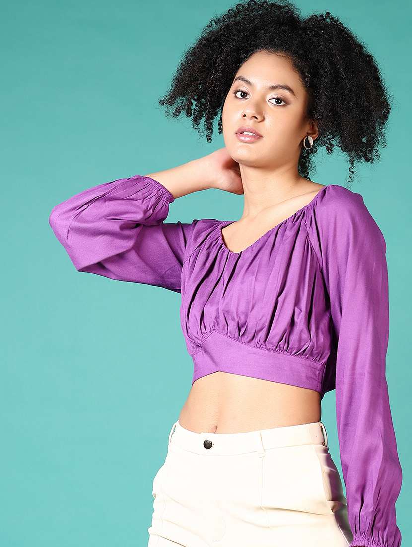 women solid long sleeve crop top - 21556140 -  Standard Image - 1