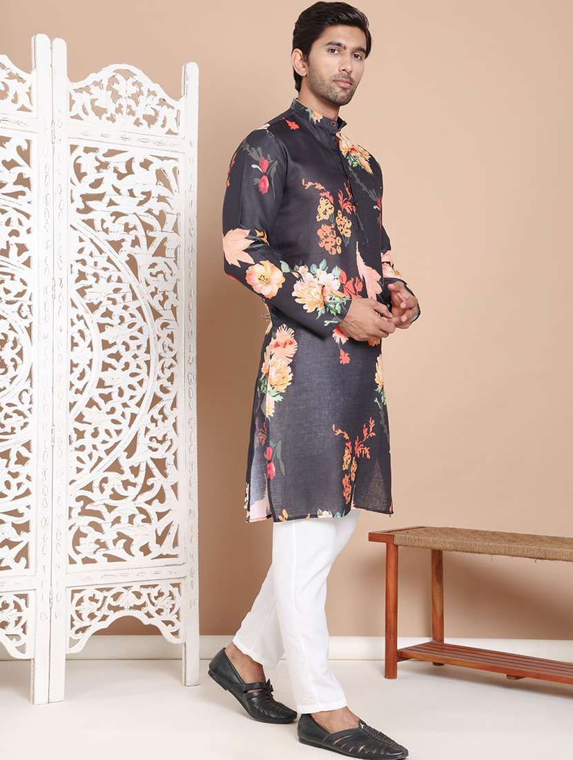 men mandarin neck floral printed kurta pyjama set - 21556441 - Standard Image - 1