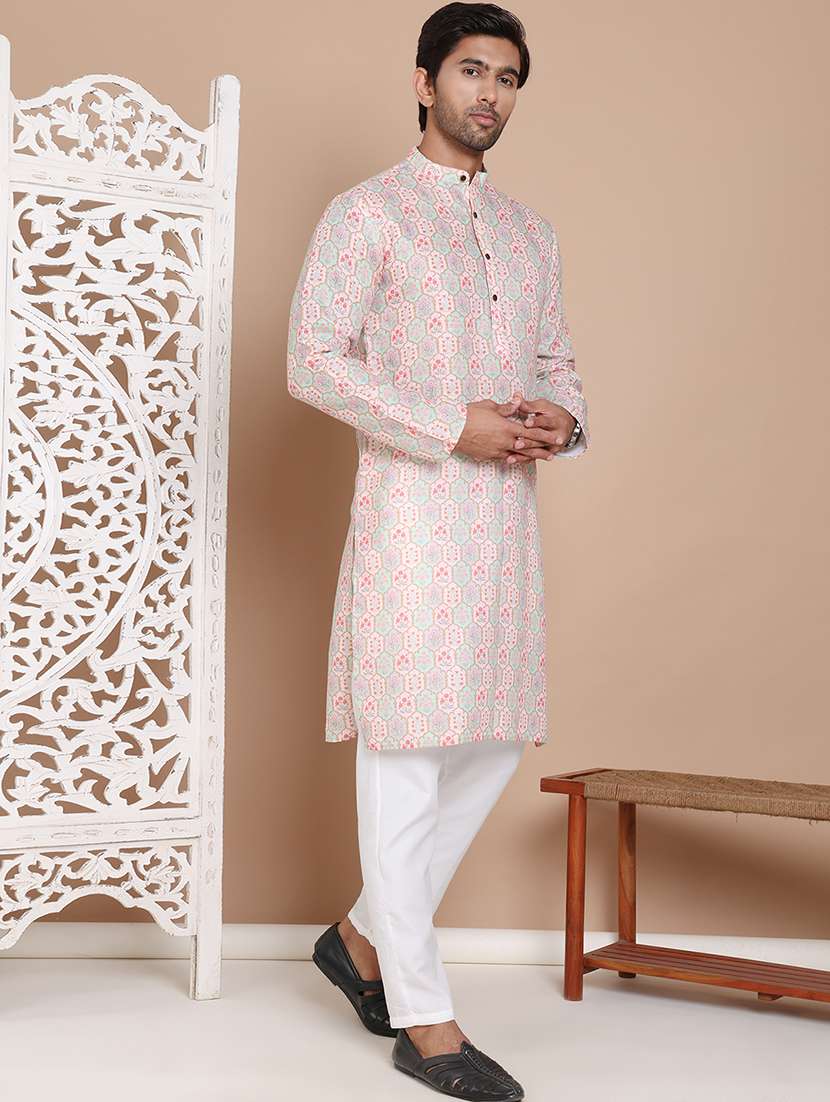 men mandarin neck printed kurta pyjama set - 21556444 -  Standard Image - 1