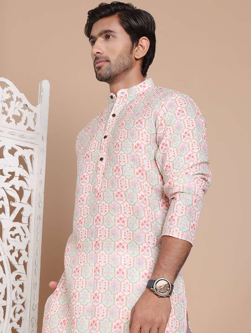 men mandarin neck printed kurta pyjama set - 21556444 -  Standard Image - 4