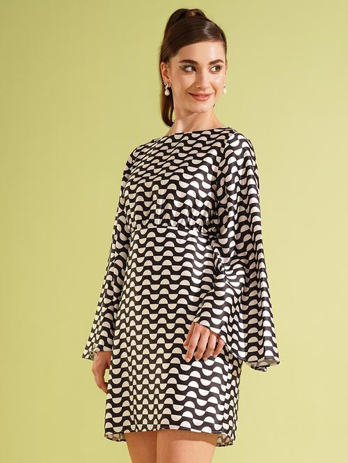 globus women black & white boat neck flared long sleeves satin a-line mini party dress - 21556962 - Standard Image - 0