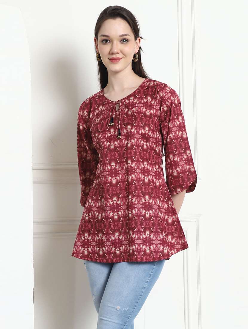 women printed tie-up neck a-line kurti