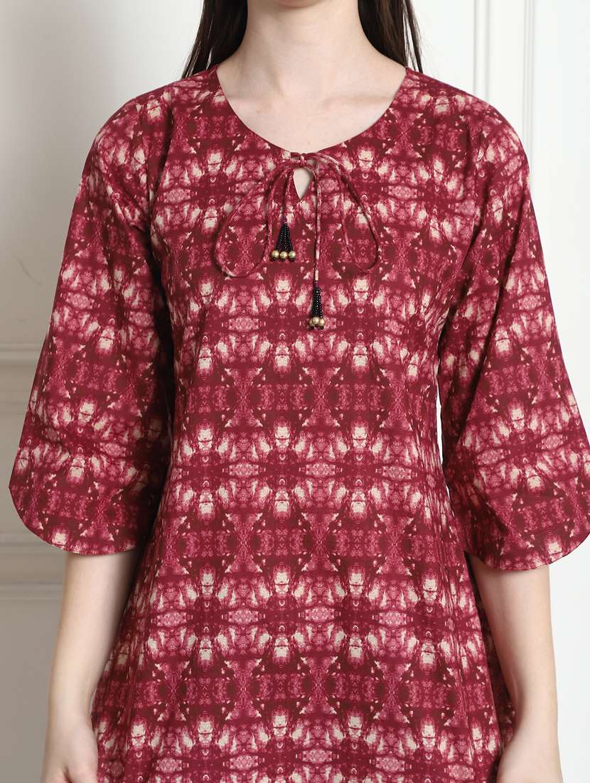 women printed tie-up neck a-line kurti - 21558116 -  Standard Image - 4